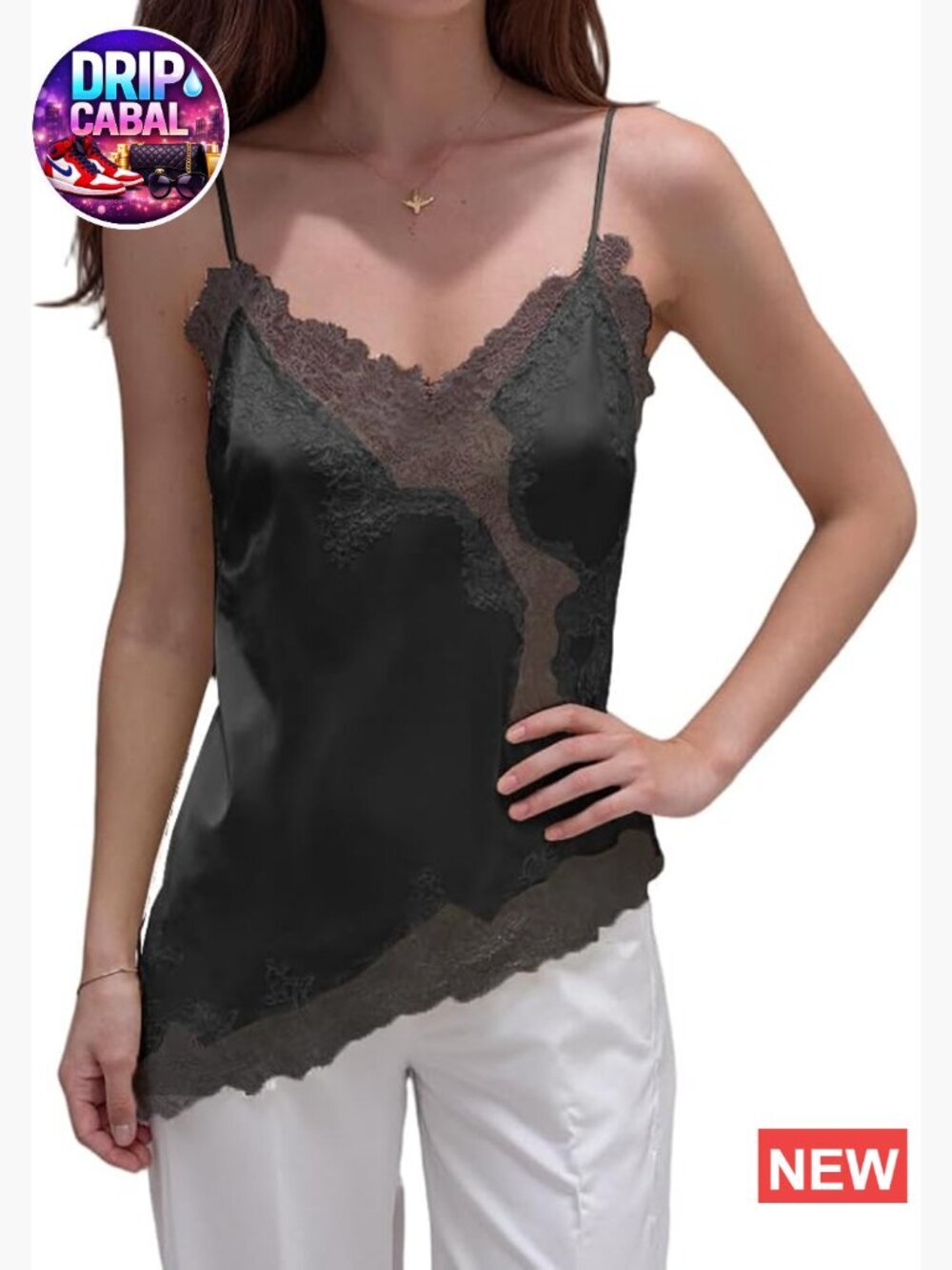 Satin Lace Trim Spaghetti Strap V-Neck Tank Top Cami